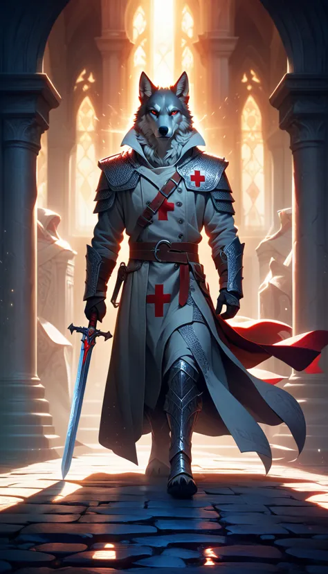 fantasy art style, a templar (white anthro wolf), (alone) dressed in chain mail and trench coat armor with a red cross drawn on ...