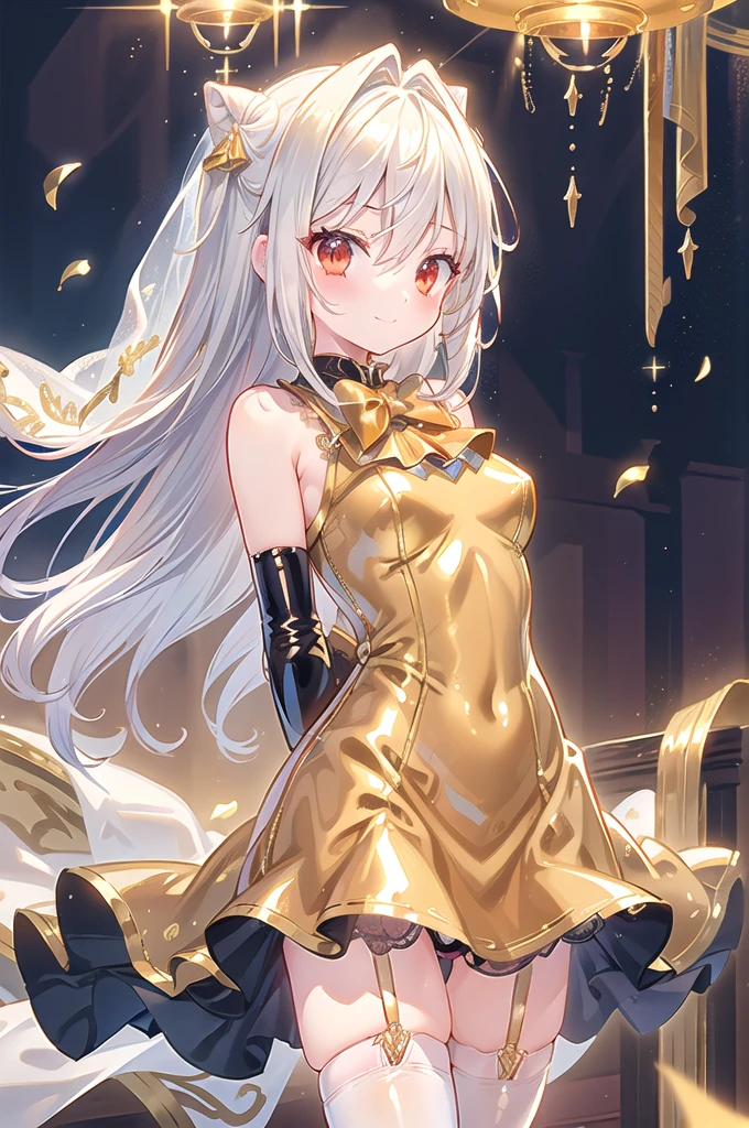 1girl,solo,cowboy shot,(gold wedding dress:1.6),standing,(white hair:1.4),long hair,cone hair bun,hair ornament,hair intakes, ahoge, bangs,(red eyes:1.3),(beautiful fingers:1.4),(perfect anatomy:1.4),(arms_behind_back:1.6),(cold_shoulder:1.2),BREAK,(leather lace glossy silk lamé:1.4),(latex luster shiny glossy:1.6),(shiny_clothes:1.6),medium breasts,beautiful breasts,masterpiece,best quality,(Ultra high definition eyes:1.2),8k,(Beautiful detailed eyes:1.2),(Fine and beautiful eyes:1.2),(pretty eyes:1.2),finely detail,extremely CG, absurdres,high resolution,illustration,Detailed and beautiful outlines,finely detail,high resolution,(colorful refraction:1.4,Increase saturation:1.2),beautiful lighting,dynamic lighting,closed room,black background,simple background, smile,looking at viewer,BREAK, blue bowtie, (wedding gloves:1.2), garter straps,(gold thighhighs:1.4)