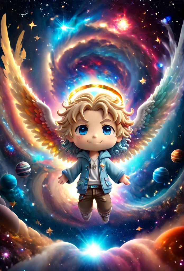 Estilo anime chibi 3D, hombre de cuerpo completo, joven, de piel clara, con ojos celestes y cabello largo, vistiendo ropa moderna. Él tiene un halo de ángel con formas inusuales sobre su cabeza y está flotando en el espacio. Al fondo hay estrellas brillantes., galaxias espirales y varios planetas de diferentes tamaños y colores. Asegúrate de que las manos tengan buenos detalles.