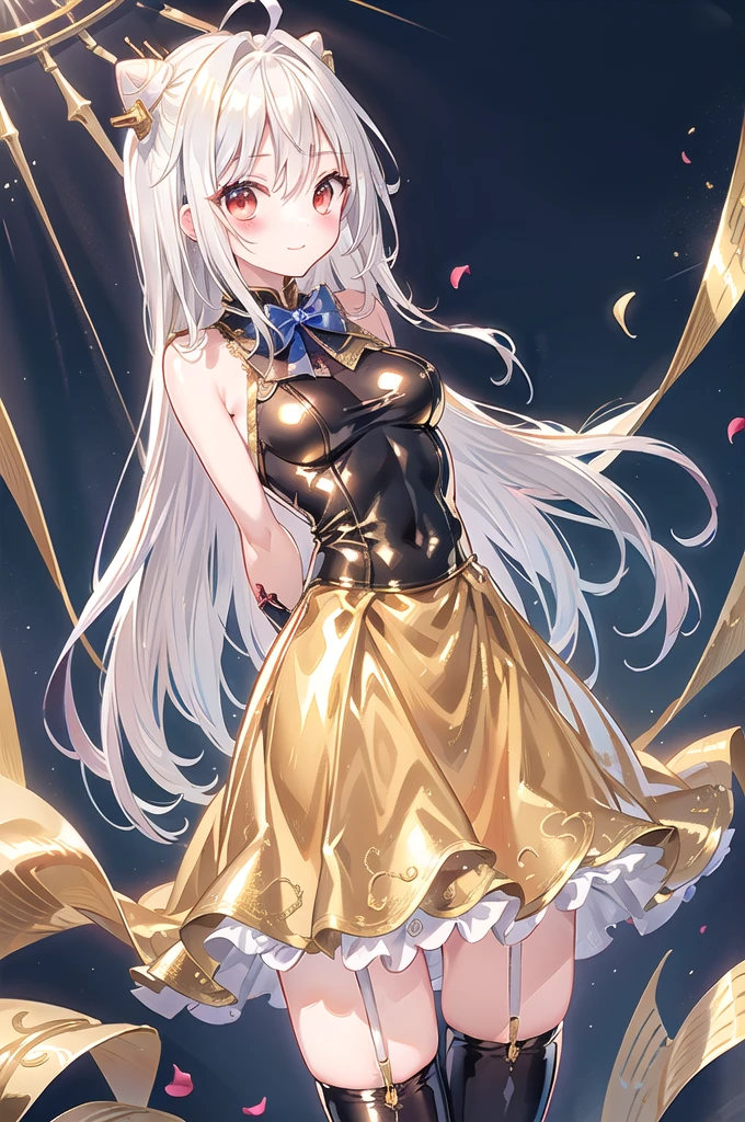 1girl,solo,cowboy shot,(gold wedding dress:1.6),standing,(white hair:1.4),long hair,cone hair bun,hair ornament,hair intakes, ahoge, bangs,(red eyes:1.3),(beautiful fingers:1.4),(perfect anatomy:1.4),(arms_behind_back:1.6),(cold_shoulder:1.2),BREAK,(leather lace glossy silk lamé:1.4),(latex luster shiny glossy:1.6),(shiny_clothes:1.6),medium breasts,beautiful breasts,masterpiece,best quality,(Ultra high definition eyes:1.2),8k,(Beautiful detailed eyes:1.2),(Fine and beautiful eyes:1.2),(pretty eyes:1.2),finely detail,extremely CG, absurdres,high resolution,illustration,Detailed and beautiful outlines,finely detail,high resolution,(colorful refraction:1.4,Increase saturation:1.2),beautiful lighting,dynamic lighting,closed room,black background,simple background, smile,looking at viewer,BREAK, blue bowtie, (wedding gloves:1.2), garter straps,(gold thighhighs:1.4)