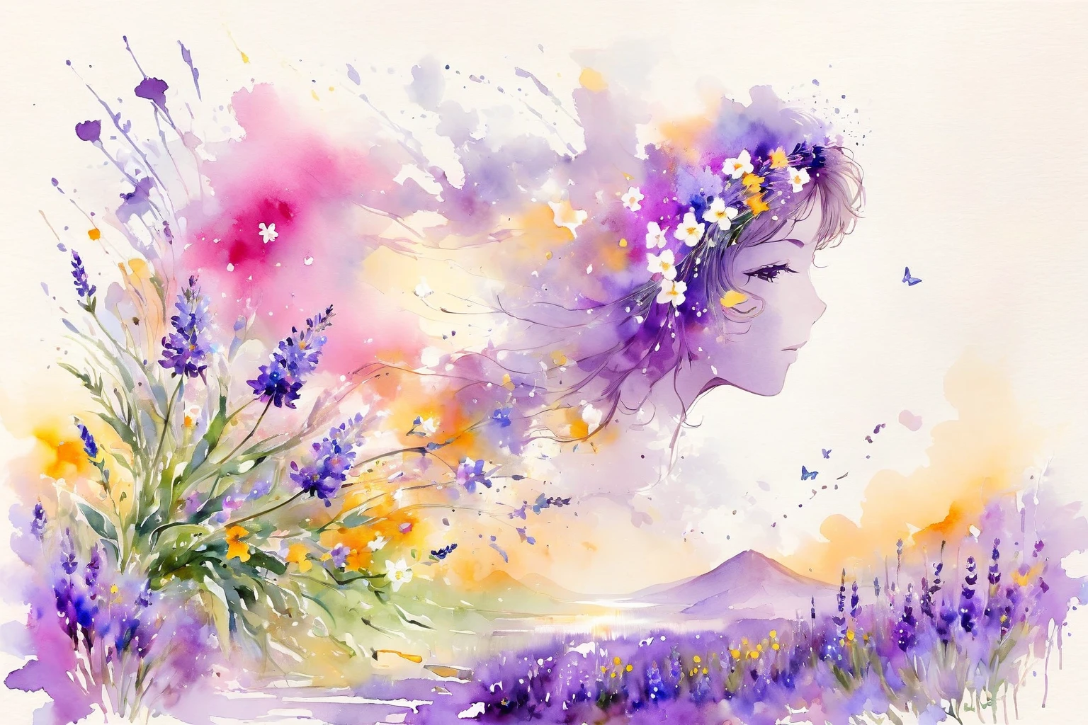 This watercolor flower painting presents an elegant and fresh visual effect。Wildflower and lavender fields，Forming the perfect combination of nature and romance。The screen is dominated by a white background，Highlight isolated watercolor flower。Splash technology recreates wet conditions，The atmosphere seems vague and dreamy。The unique composition and abstract expression add to the artistic sense of the picture.，Contains elements of surrealism。The overall color tone is mainly light colors，Lilac and green complement each other beautifully，Show high-resolution details。The splash-ink effect adds a touch of agility to the picture，The light color gives the flowers a deep and restrained beauty.。