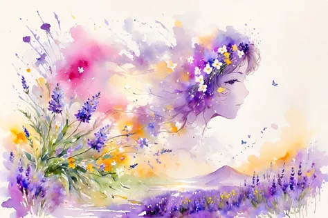 This watercolor flower painting presents an elegant and fresh visual effect。Wildflower and lavender fields，Forming the perfect c...