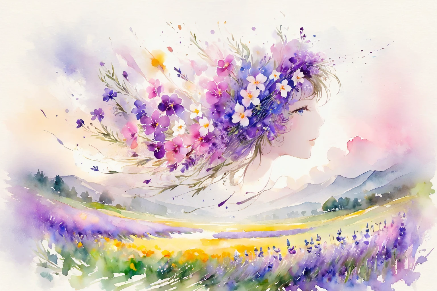 This watercolor flower painting presents an elegant and fresh visual effect。Wildflower and lavender fields，Forming the perfect combination of nature and romance。The screen is dominated by a white background，Highlight isolated watercolor flower。Splash technology recreates wet conditions，The atmosphere seems vague and dreamy。The unique composition and abstract expression add to the artistic sense of the picture.，Contains elements of surrealism。The overall color tone is mainly light colors，Lilac and green complement each other beautifully，Show high-resolution details。The splash-ink effect adds a touch of agility to the picture，The light color gives the flowers a deep and restrained beauty.。