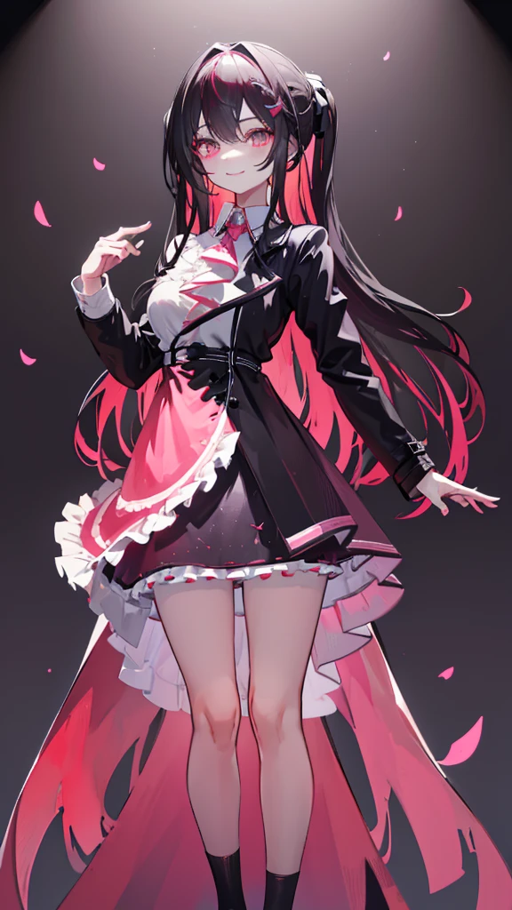 Yandere-style look、Character portrait、Model pose、Cute pose、((Highest quality)), ((masterpiece)), ((Ultra-detailed)), (Very delicate and beautiful), ((Black jacket)),Wicked Smile,、Pink inner color,Shorts、Knee-high socks、long hair、