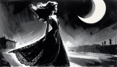 the sexy girl and the half moon, night, lace dress black and white image( art inspired by Bill Sienkiewicz, oil painting)эротиче...