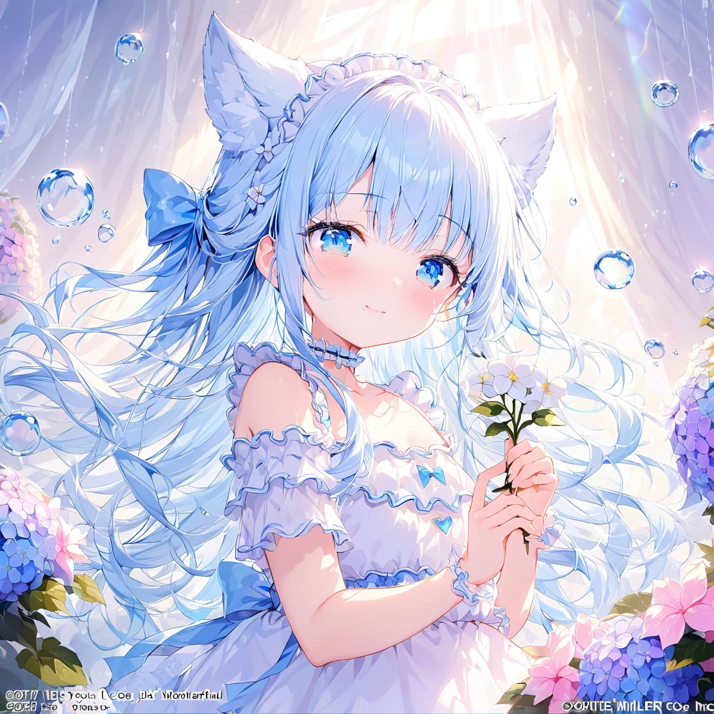 masterpiece, Highest quality, Very detailed, (figure, Official Art:1.1),Adorable face、 1 Girl ,(((( light blue Long Hair)))),Light blue hair,, Long Hair ((blush)) , Cute face, Big eyes, masterpiece, Highest quality,(((((Very delicate and beautiful girl))))),wonderful,Beautiful attention to detail,blunt bangs((((Little Delicate Girl)))),puppet(Truly beautiful:1.2), Depth,Dynamic Angle,,,, Loving smile, (Truly beautiful:1.2),,(tiny One girl model:1.2),)(平らなchest)、(masterpiece,8k wallpaper, Highest quality),(Best lighting, Best Shadow, Very delicate and beautiful),
flower,One girl,white flower,blue flower,Long Hair,Hydrangea,alone,

bubble,dress,purple flower,Yuri \(flower\),
rainbow,
Bare shoulders,Part your lips,Water Drop,animal,clavicle,blue eyes,very Long Hair,Off the shoulder,
white dress,air bubble,View your viewers,bangs,Braiding,pink flower,holding flower,Short sleeve,chest,Hair between the eyes,bow,Puffy sleeves,
off-shoulder dress,blue bow,puffy Short sleeve,
Lolita Fashion,frilled dress,Blue frilly choker,