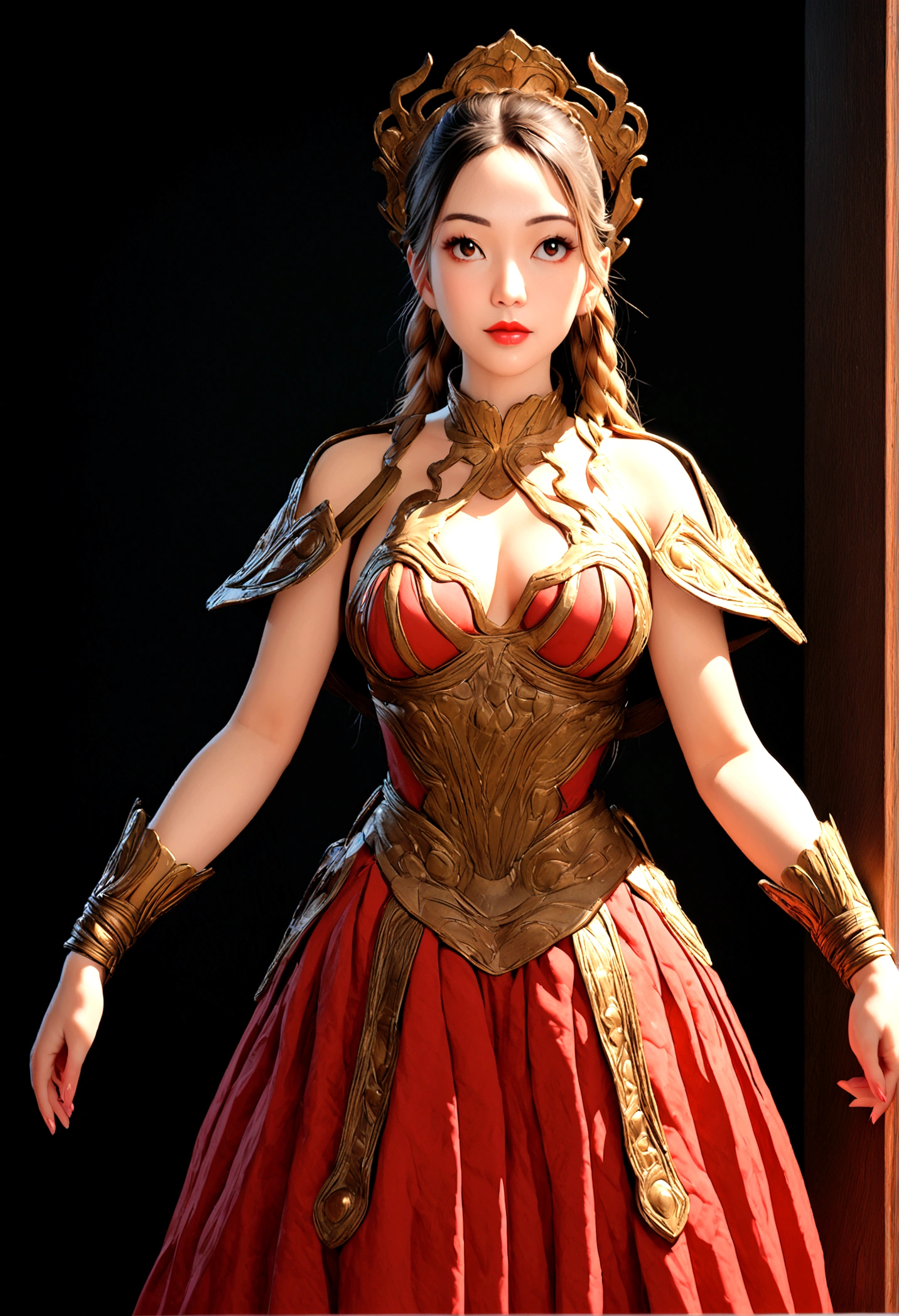 "Create a photo of a beautiful girl cosplaying as a character from the comic 'Sailor Moon.' The background should be black, and the entire image should have a 3D effect to add depth and realism. Ensure the character's outfit and details are vibrant and dynamic, popping out against the dark background. The overall look should be dramatic and visually striking, with detailed textures and lighting that emphasize the character."