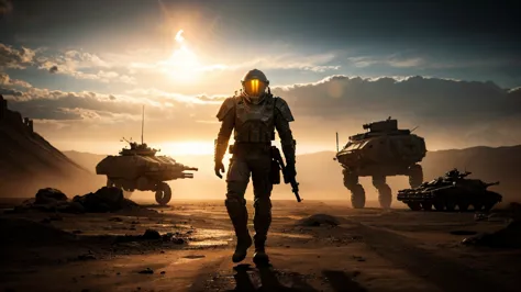 a futuristic armored soldier, marching on a war-torn martian landscape, dramatic lighting, cinematic composition, highly detaile...