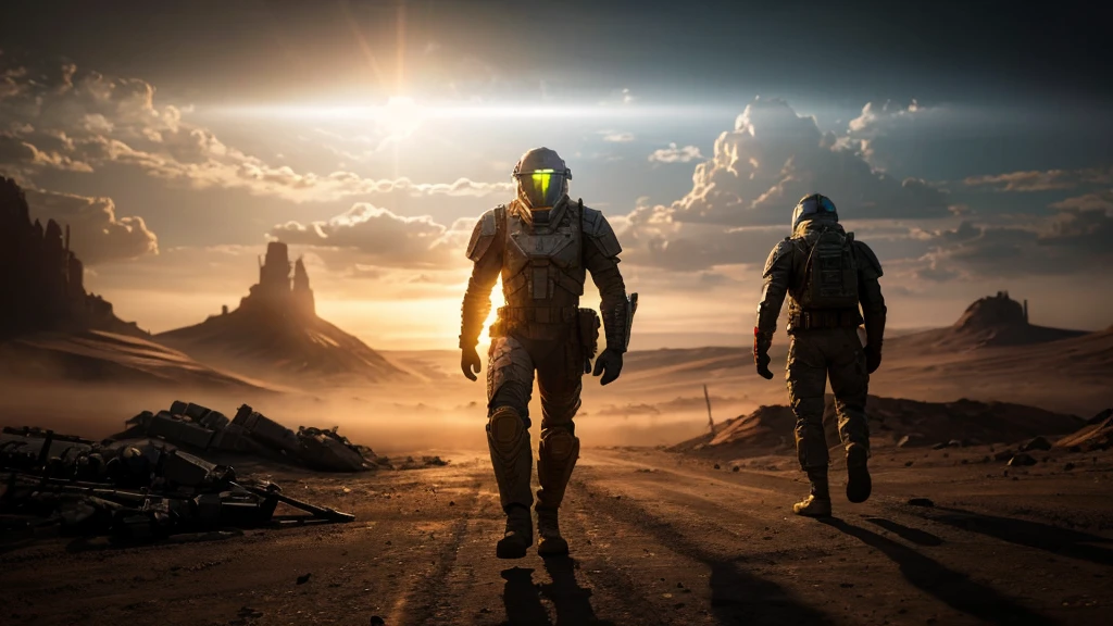 a futuristic armored soldier, marching on a war-torn Martian landscape, dramatic lighting, cinematic composition, highly detailed, intricate textures, vibrant colors, volumetric fog, epic battle scene, 8k, photorealistic, cinematic lighting, dramatic shadows