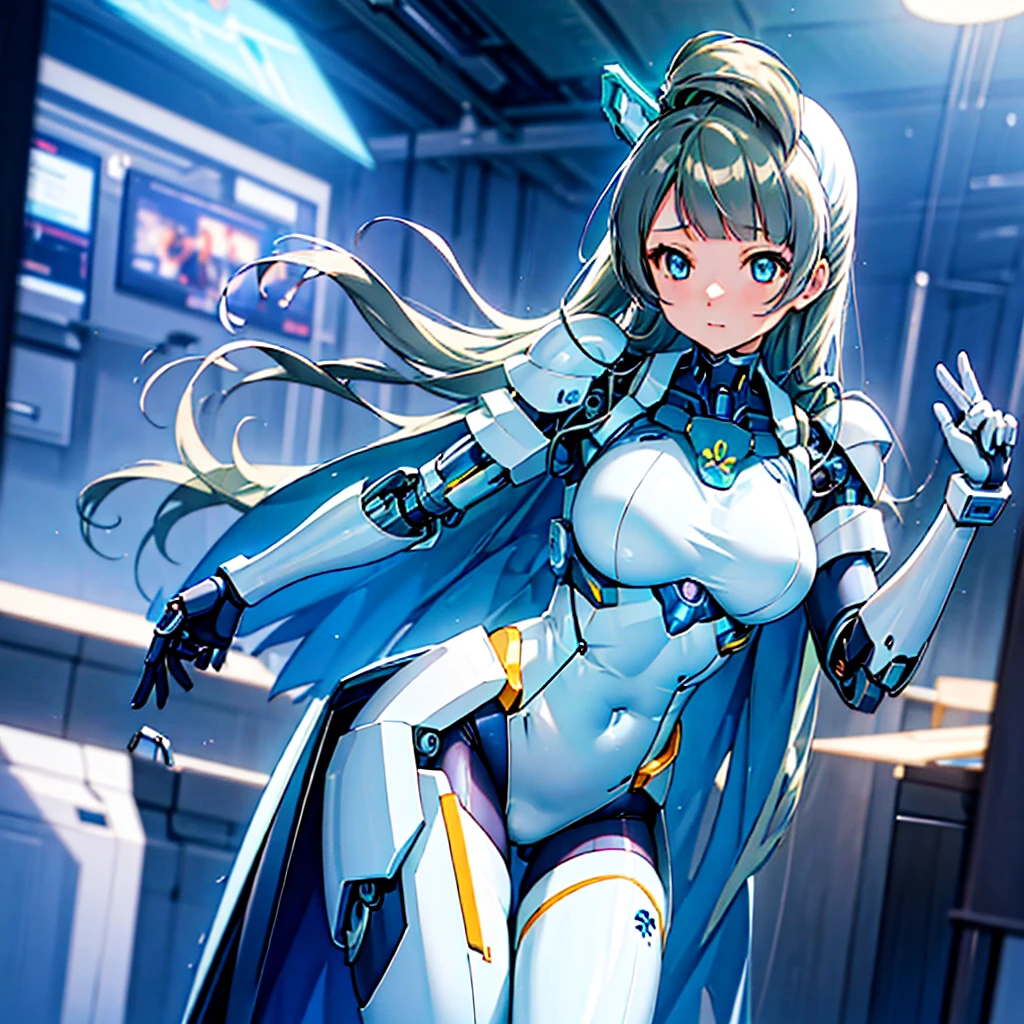 masterpiece, high quality, Inside the Institute of Mechanization、On the operating table during remodeling surgery、Minami Kotori, who has been turned into a mechanical body cyborg、Gynoid cyborg body modification surgery、Blue and white leotard armor、Single image、from the front,Put the whole body