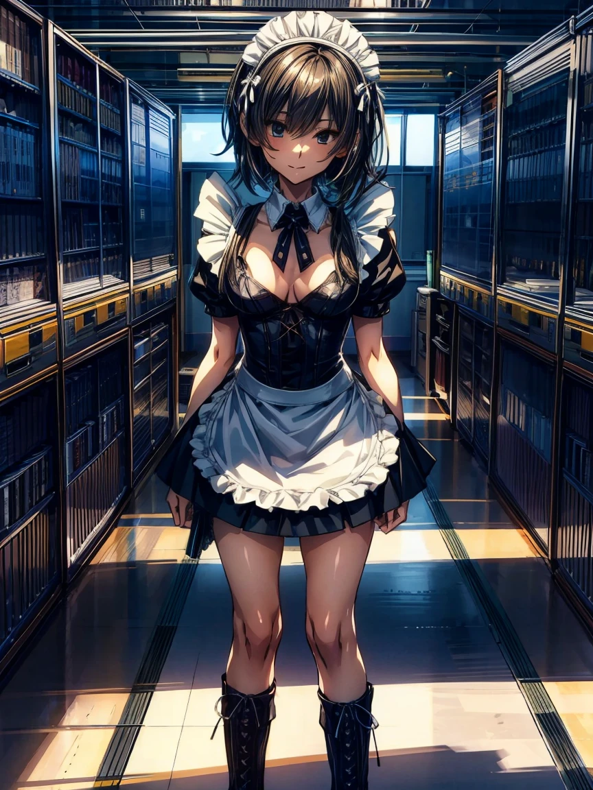 (Perfect Anatomy:1.2, Highest quality),(Maid leotard details:2.0),One Girl,alone,Long Hair:1.5, (Short sleeve, Thighs,Maid Cufflinks),,Hypno Lola, Hollow Eyes,(High heel lace-up boots:1.4), (Without skirt:3.0),Dark aura,Leotrad,,love for viewers,Look down,(at a research facility:1.8),full body,evil smile