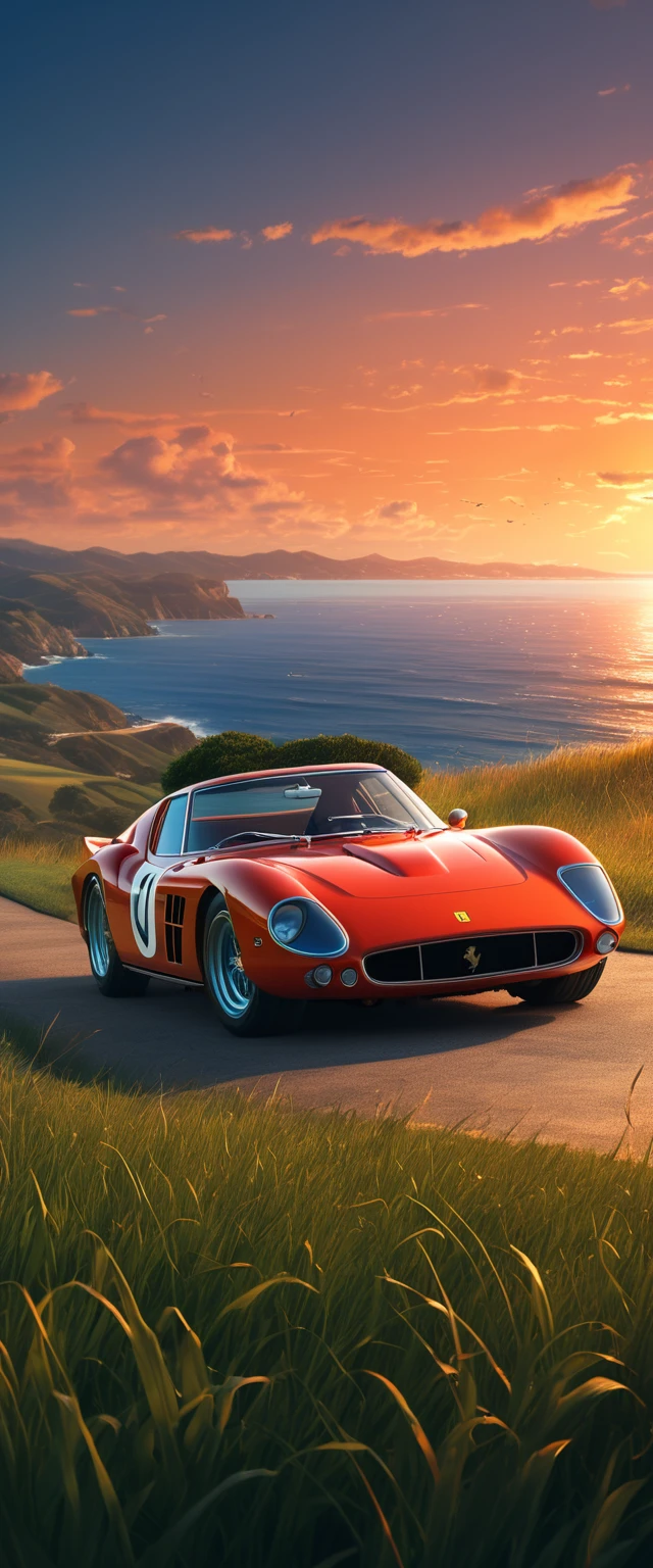 alta calidad, 8k ultra alta definición. La imagen muestra a un niño junto a un Ferrari 250 GTO anime mirando el océano al amanecer desde una colina cubierta de hierba., con un fondo de cielo azul vibrante y tonos rojos y naranjas del sol. fondo de pantalla de arte anime 4k, fondo de pantalla de arte anime 4k, fondo animado, fondo de pantalla de arte anime 8k, Antecedentes artísticos del anime, Fondo de pantalla de paisaje animado, increíble fondo de pantalla, Definición de fondo de pantalla de alta calidad,Fondo de pantalla animado 4k,Fondo de pantalla animado 4k,Arte de Aries Moross,arte de bob byerley,AshleyWoodArtAI,Greg Rutkowski