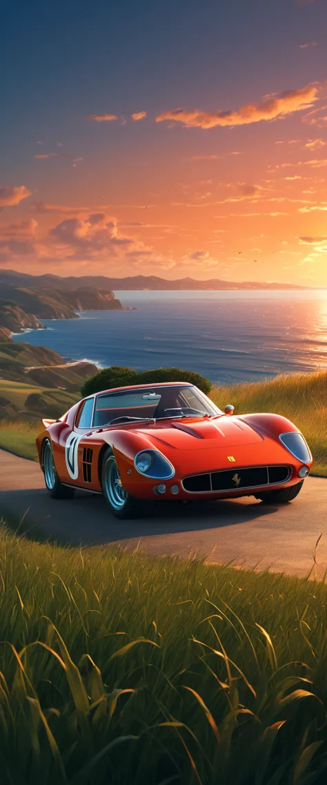 High quality, 8K Ultra HD. The image shows a boy next to an anime Ferrari 250 GTO looking at the ocean at sunrise from a grassy ...