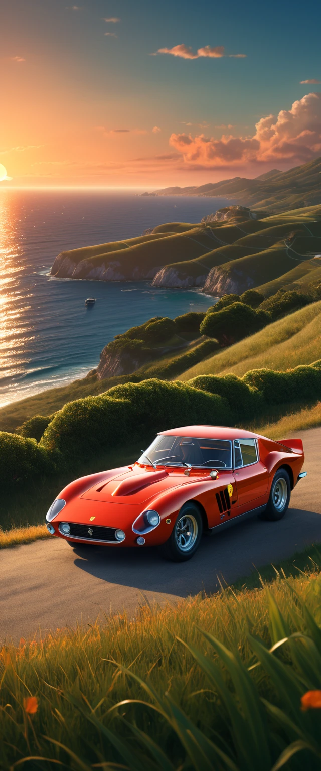 High quality, 8K Ultra HD. The image shows a boy next to an anime Ferrari 250 GTO looking at the ocean at sunrise from a grassy hill, with a background of vibrant blue sky and red and orange tones of the sun. anime art wallpaper 4k, anime art wallpaper 4K, anime background, anime art wallpaper 8K, anime art background, anime landscape wallpaper, amazing wallpaper, high quality wallpaper definition,4k animated wallpaper,4k animated wallpaper,Aries Moross art,Bob Byerley art,AshleyWoodArtAI,greg rutkowski