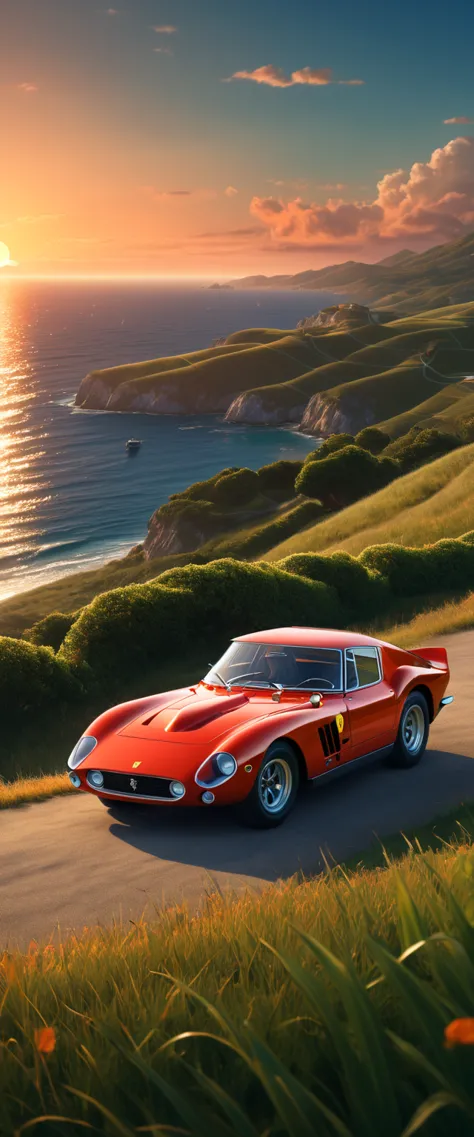 High quality, 8K Ultra HD. The image shows a boy next to an anime Ferrari 250 GTO looking at the ocean at sunrise from a grassy ...