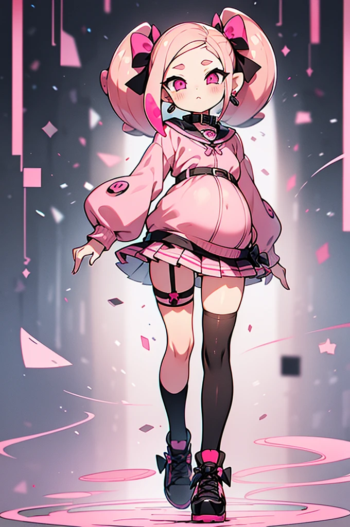 Illustration d&#39;anime incroyablement détaillée et super précise,pull rose à lignes verticales,
Jupe plissée noire,
des boucles d&#39;oreilles,porte-jarretelles,
Chaussettes noires,Twintails roses, Jupe rose, collier, arc, cuissardes noires, chaussures noires,
l&#39;octolisme de Splatoon,fille de poulpe,front,enceinte,jeune fille,