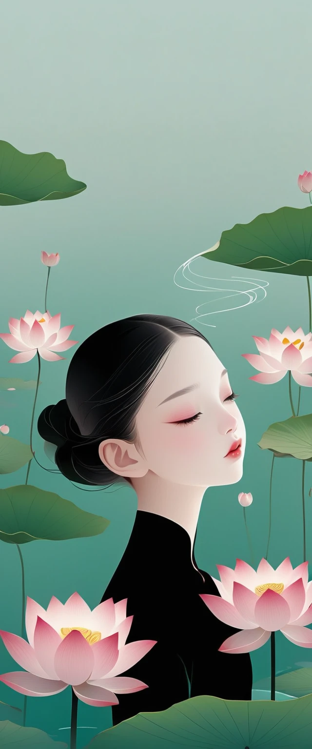 vector，Flat form，illustration，The Minimalists，数字艺术illustration，Pink hue，Abstract，artistic conception，Blooming，A little girl，dancer；Pink clothing；Pretty Face，Black Hair，Hairpin；Lotus pond，Lotus flower decoration corner；Diving sensation，above（Light cyan）Lots of white space。