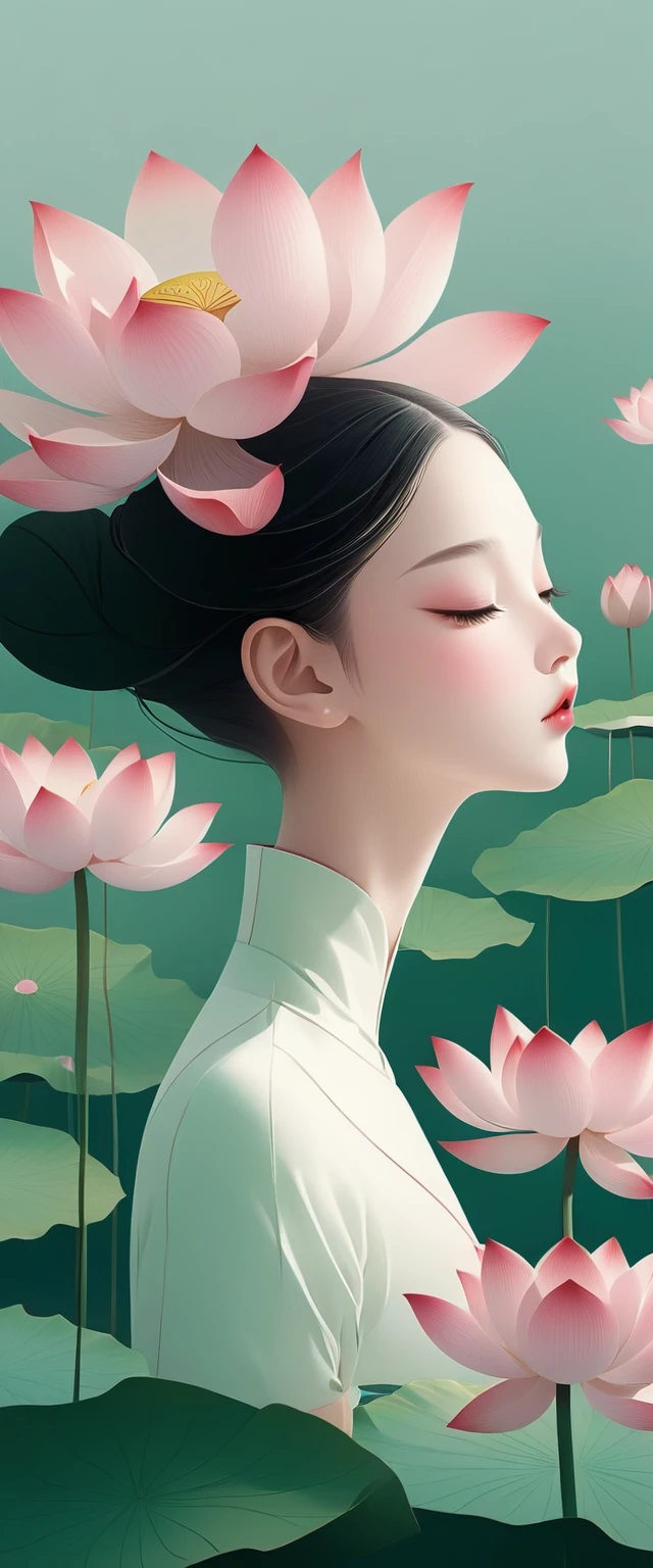 vector，Flat form，illustration，The Minimalists，数字艺术illustration，Pink hue，Abstract，artistic conception，Blooming，A little girl，dancer；Pink clothing；Pretty Face，Black Hair，Hairpin；Lotus pond，Lotus flower decoration corner；Diving sensation，above（Light cyan）Lots of white space。