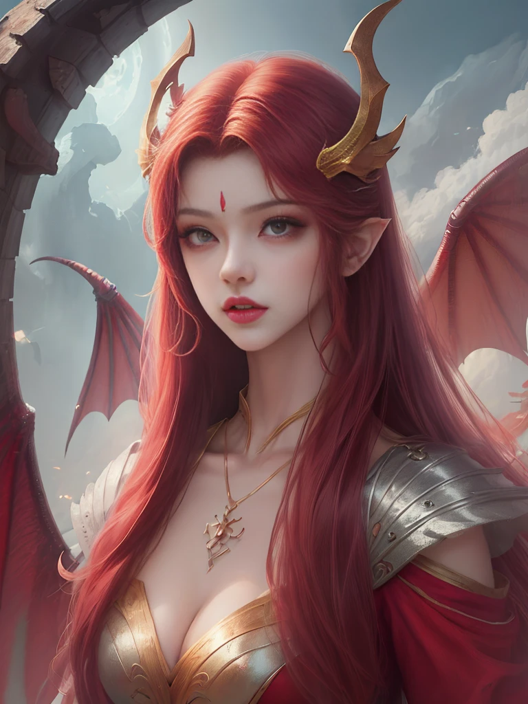 Anime girl aux cheveux rouges et aux ailes, coup de corps,
fille dragon, REINE DRAGON, Reine des Dragons, fille dragon, par Jan J., belle succube, art animé numérique détaillé, art animé détaillé, Illustration fantastique d&#39;anime, style artistique fantastique épique, art animé détailléワーク, fusion des humains et des dragons, Oeuvre fantastique d&#39;anime, dragon de fond, Illustration d&#39;anime épique