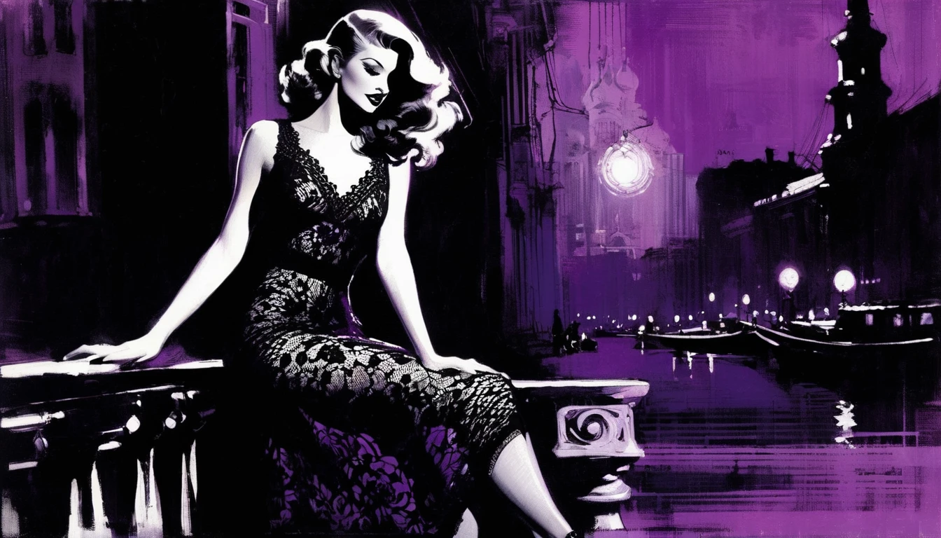 the sexy girl, night, lace dress black and white and purple, style 30s, image( art inspired by Bill Sienkiewicz, oil painting) эротическая поза, сексуальная, каблуки, чулки, красивое бельё, секси поза, выгнулась, огни города
