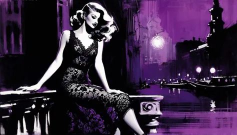 the sexy girl, night, lace dress black and white and purple, style 30s, image( art inspired by Bill Sienkiewicz, oil painting) э...