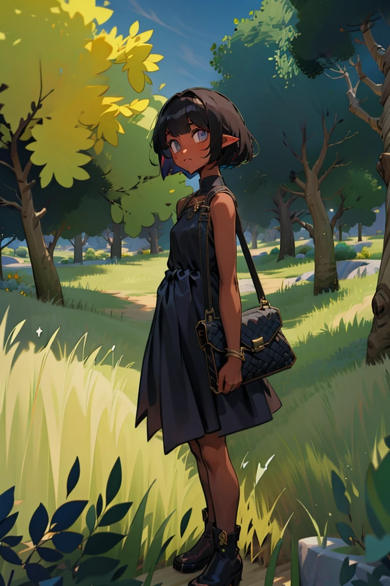 masterpiece, absurdres, 1girl, cowboyshot, tachi-e, mature woman, best aesthetics, small breasts, narrow hips, thin thighs, dark hair, narrow eyes, slanted eyes, brown skin, knee-length dress, round nose, very detailed face, clean lines, dynamic pose, anatomically correct, hyperdetailed, forest atmosphere, beige eyeshadow, clean makeup, violet eyes, detailed hair, sparkling eyes, nature, magic, fantasy, medieval, high fantasy, leather leggings, comfy, cozy, tsurime eyes, SFW, tunic dress, arms by side, outdoors, trees in background, simple bob haircut, messy bangs, hair framing face, straight hair, elf, adult woman, brown dress, green vest, inked comic, comic art, ankle boots, cell shading, cartoon style, tanned skin, broad shoulders, leather satchel, forest mage, dark skin, loose-fitting dress