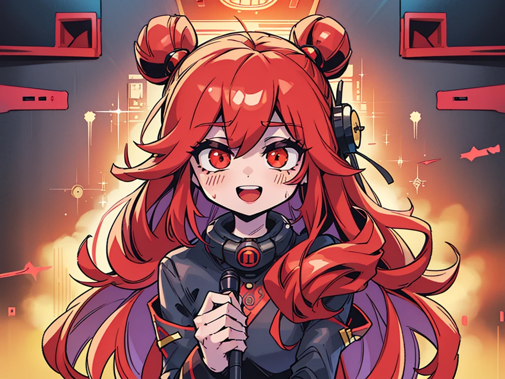 {{{red long hair}}}, 1 girl (solo), radio, microphone, Streaming, No sleeve, indoor, radio, recording, recording, make a sound, program, broadcast, studio, studio, interview, On-air, presenter, audition, {{eye red and gold}}, {peitos grandes}, she is a vtuber
