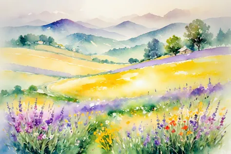 this watercolor flower painting presents an elegant and fresh visual effect。wildflower and lavender fields，forming the perfect c...