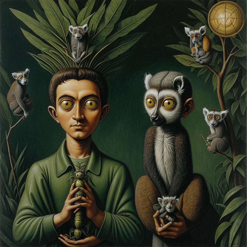 A strange lemur with a large head and huge green eyes: his body is small compared to his head, in his hands he is holding insects. In the Remedios Varo pictorial style. 