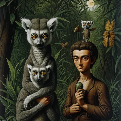 A strange lemur with a large head and huge green eyes: his body is small compared to his head, in his hands he is holding insect...