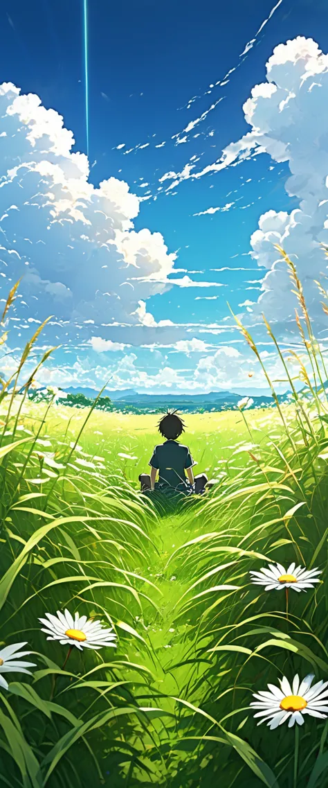 Anime landscape of a boy sitting in a field with tall grass and daisy flowers watching a void with white clouds, colorful anime ...