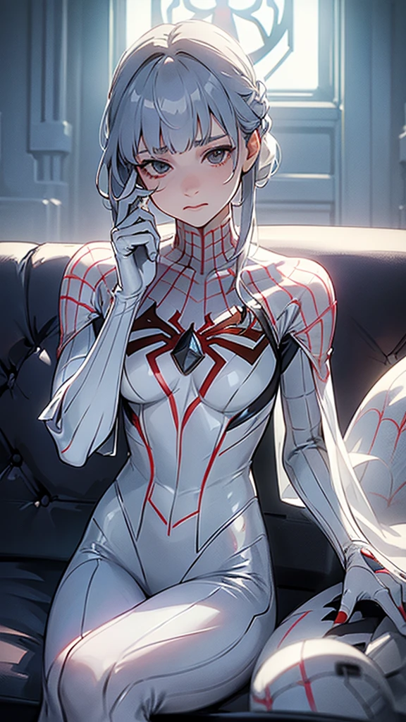 Detailed face、Detailed Details、(Highly Detailed CG Unity 8K Wallpaper, masterpiece, Highest quality), (Exquisite lighting and shadows, A very dramatic picture, Cinema Lens Effects), a girl in a white Spiderman costume, Silver-gray hair color, from the Spiderman parallel universe, Wenger, Marvel, Spiderman, Sitting on the couch, Dynamic pose), (Amazing details, Excellent lighting, Wide-angle), (Excellent rendering, Stand out in the same class), focus on white Spiderman costumes, Intricate spider texture, Perfect composition