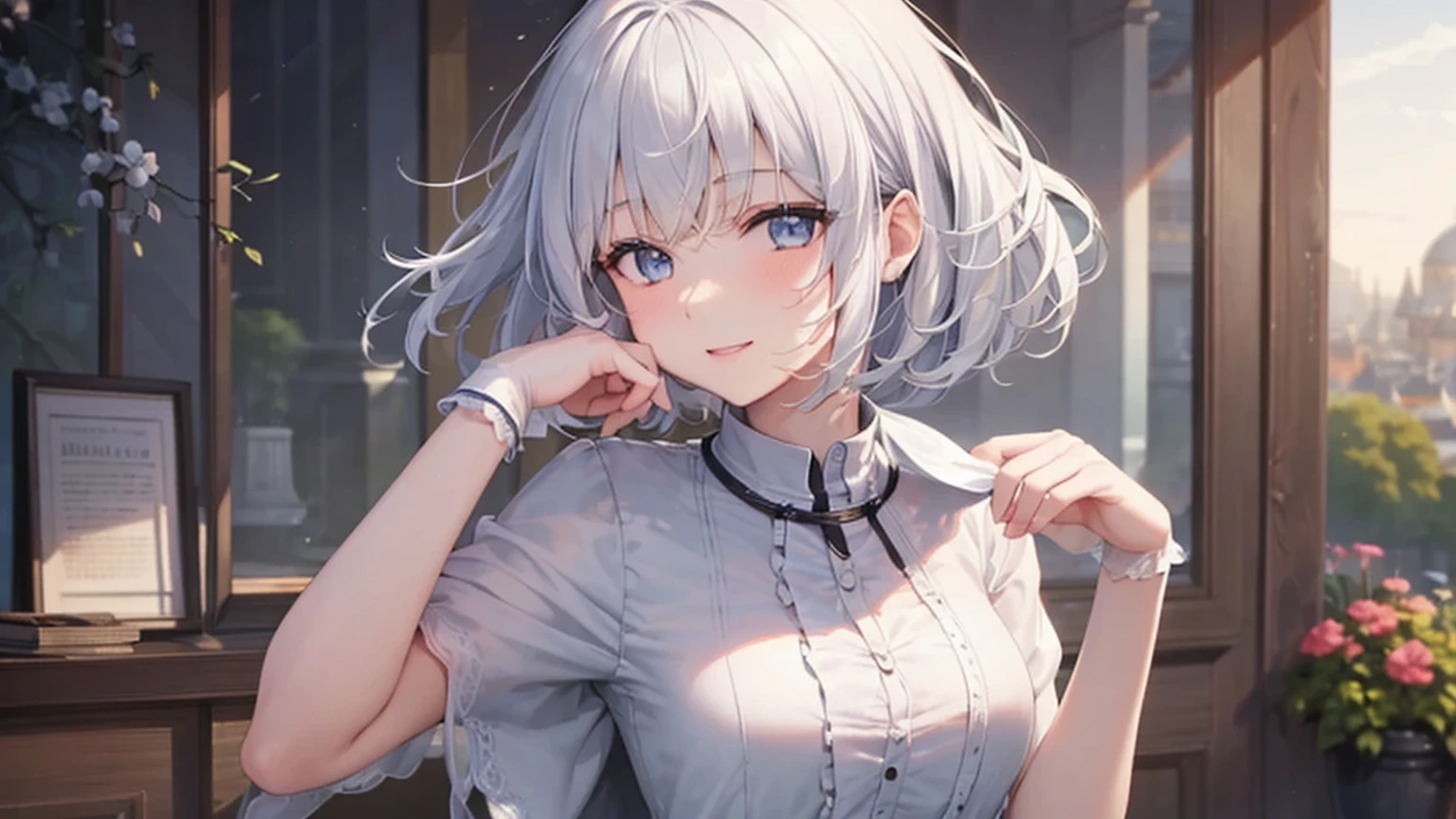 Ultra HD,Look at the viewers, Put your hands behind your back, With a girl, 20-year-old, 非常にShort Hair, Long bangs between the eyes, Pale blue eyes,  Very detailed,(masterpiece、Highest quality),Gray Hair、Laughter、Fantastic, Silver Hair, Iris,  Short hair、 Fluttering Hair、Small Face、明るいsmile、(Detailed face) ,Professional Lighting,Wonderful landscape,blue sky, sunlight,Looking down from above,Portraiture、Open your mouth、Flower Field、Her eyes were shining、Mysterious and enchanting atmosphere。With AI Painting、とてもShort Hair, Long bangs between the eyes, Very detailed,(masterpiece、Highest quality)、alone、Gray Hair、Fantasy, Silver Hair, Fantasyな風景、White shirt、smile、Open your mouth、short hair、Short Hair、hairpin、black eye、Grey Eyes、Beautiful Eyes、