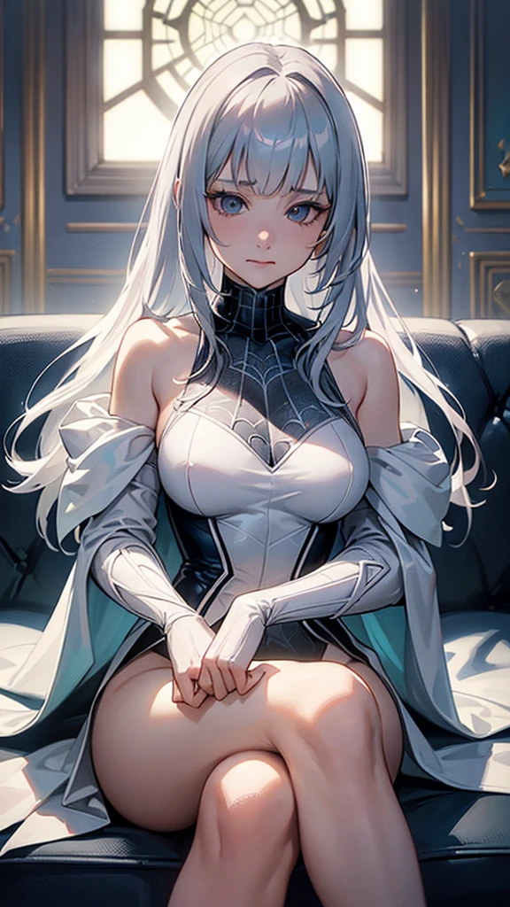 Detailed face、Detailed Details、(Highly Detailed CG Unity 8K Wallpaper, masterpiece, Highest quality), (Exquisite lighting and shadows, A very dramatic picture, Cinema Lens Effects), a girl in a white costume, Silver-gray hair color, from the Spider-Man parallel universe, Wenger, Marvel,  Sitting on the couch, Dynamic pose), (Amazing details, Excellent lighting, Wide-angle), (Excellent rendering, Stand out in the same class), focus on white ビキニ costumes, Intricate spider texture, Perfect composition