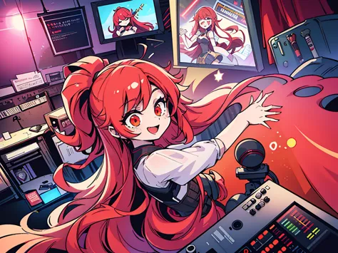 {{{red long hair}}}, 1 girl (solo), radio, microphone, streaming, no sleeve, indoor, radio, recording, recording, make a sound, ...