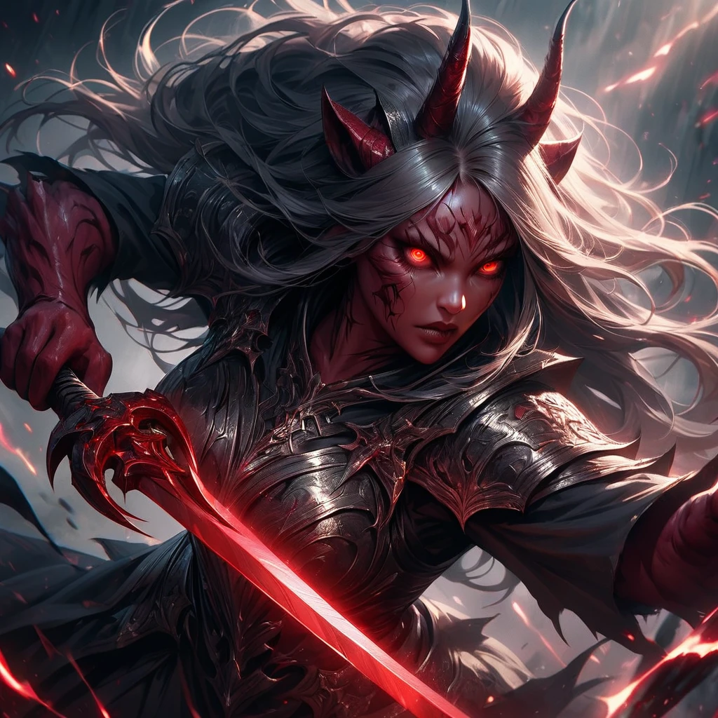 [Best quality, shaded, extreme details, very detailed, ultra detailed, complex, realistic], wolfwoman, red, villain action, 1girl, detailed face, detailed eyes, detailed lips, detailed eyebrows, long hair, horns, claws, glowing red eyes, demonic expression, red skin, body armor, wielding sword, dramatic lighting, dark fantasy, cinematic, moody, high contrast, muted colors, dramatic pose, action