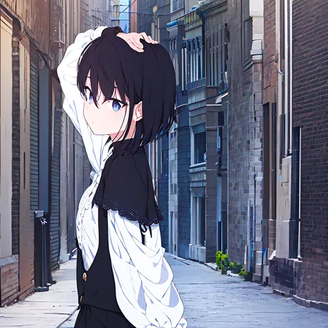 1 boy, black hair, short hair, detailed hair, black eyes, detailed eyes, looking at viewer, standing, black vest, white dress sh...