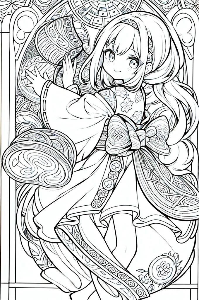 One girl, Create a baby chibi version of the Alice character in an 8K resolution, coloring pages, simplified zentangle, coloring book outline, black and white only, no outline, intricate designs, coloring book, celtic design, intricate lines, no gradients, Chibi, best quality, paper doll, shadow puppet, stained glass background, clockpunk, Andersen,A girl with a ponytail is wearing a kimono with a crane pattern, practicing kendo in a dojo, and wearing a headband as a hair accessory, It's sunny, Detailed eyes, clear outlines, kawaii pose, A smile, Raise your right hand, Eye Up, Laugh, radiant light, Taken from the side. She should look adorable and cute. Give him a smiling expression and a sweet smile on his face, capturing the essence of the character in a delicate and charming way.