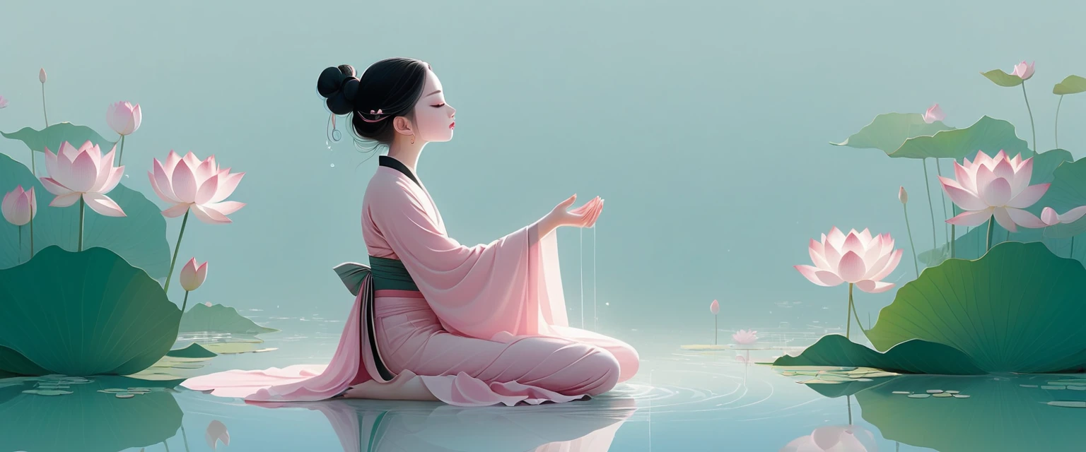 vector，Flat form，illustration，The Minimalists，数字艺术illustration，Pink hue，Abstract，artistic conception，Blooming，A little girl kneeling on the water，dancer；Pink clothing；Pretty Face，Black Hair，Hairpin；Lotus pond，Lotus decorative corner；Diving sensation，above（Light cyan）Lots of white space。