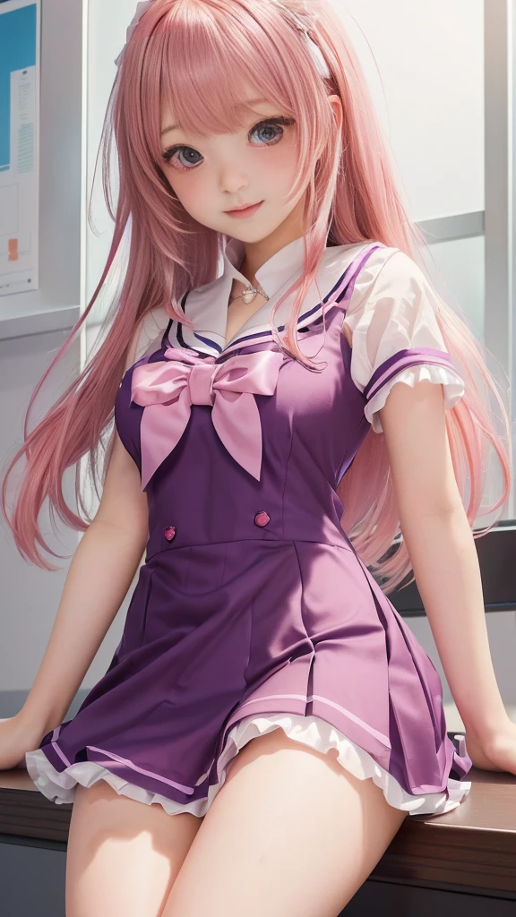 女の子 in a purple dress sitting on a desk, Ruffled mini skirt, high , I also make fan art, Slender body line, 女の子 with long hair, Cute girl anime visuals, Beautiful school girl, Brown Hair, Anime Moe Art Style, Young girl, (beautiful girl, , Baby Face), Cute girl in a nice dress, Haruno sakura, Beautiful breasts, Slim and attractive thighs, Small beautiful butt, Curved waist, (Detailed eyes and face:1.3, Professional photography techniques), (Highest quality, 8K, masterpiece:1.2, RAW Photos), Look down at the viewer, (blush:1.2)