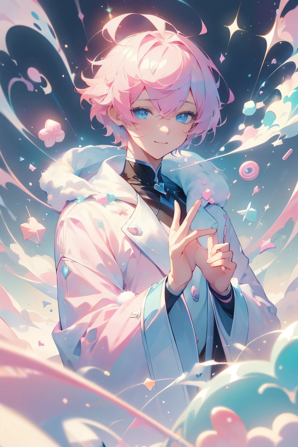 Masterpiece, highres, best quality, solo, 1 male, short hair, pink hair, blue eyes, white coat, smile facial, pastels, candy