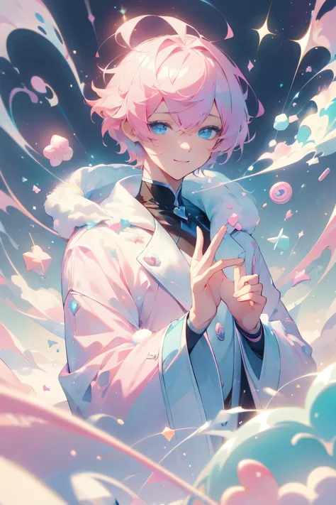 masterpiece, highres, best quality, solo, 1 male, short hair, pink hair, blue eyes, white coat, smile facial, pastels, candy