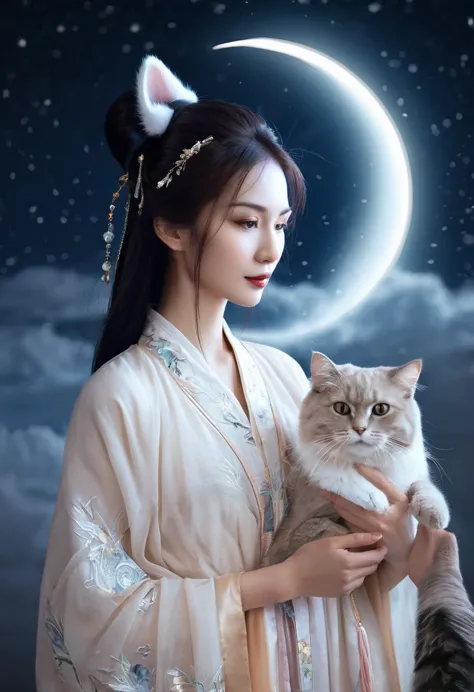 apparition ，girl, cat ear, beautiful oriental woman, moonlit night background , realistic women, lovely