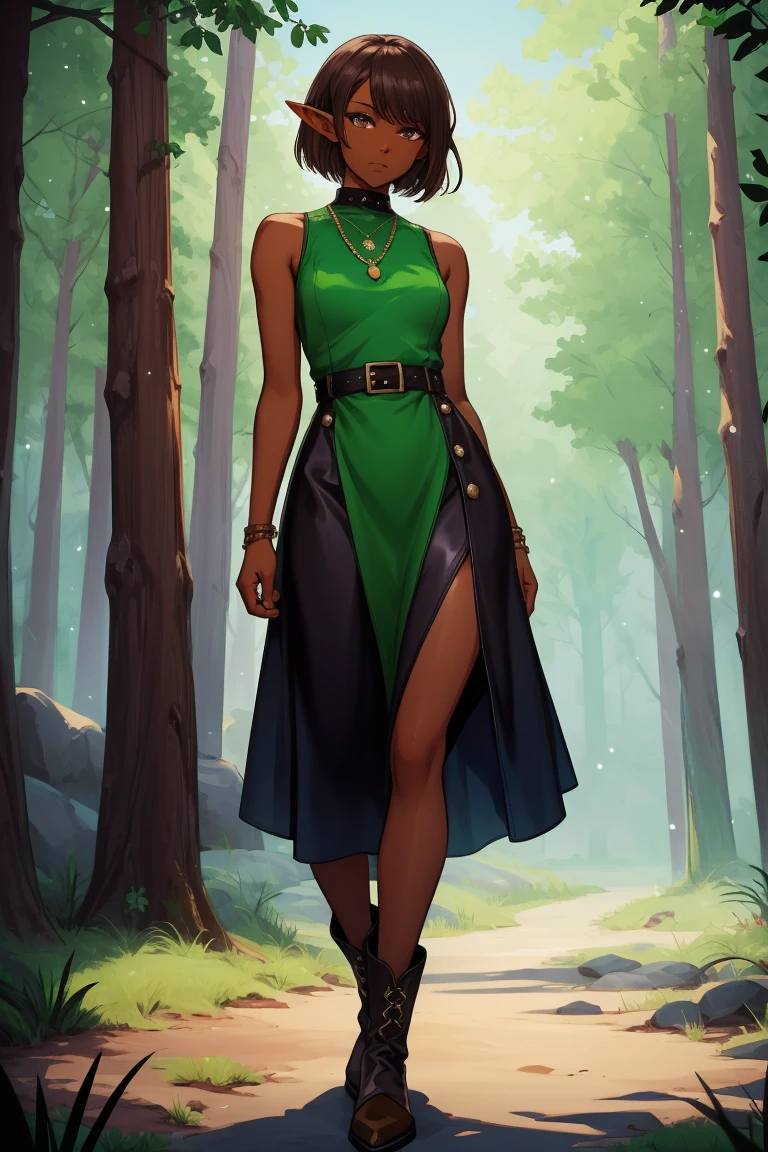 masterpiece, absurdres, 1girl, cowboyshot, tachi-e, mature woman, best aesthetics, small breasts, narrow hips, thin thighs, dark hair, narrow eyes, slanted eyes, brown skin, knee-length dress, round nose, very detailed face, clean lines, dynamic pose, anatomically correct, hyperdetailed, forest atmosphere, beige eyeshadow, clean makeup, violet eyes, detailed hair, sparkling eyes, nature, magic, fantasy, medieval, high fantasy, leather leggings, comfy, cozy, tsurime eyes, SFW, tunic dress, arms by side, outdoors, trees in background, simple bob haircut, messy bangs, hair framing face, straight hair, elf, adult woman, brown dress, green vest, inked comic, comic art, ankle boots, cell shading, cartoon style, tanned skin, broad shoulders, leather satchel, forest mage, dark skin, loose-fitting dress, minlan1, high fantasy, rule of thirds