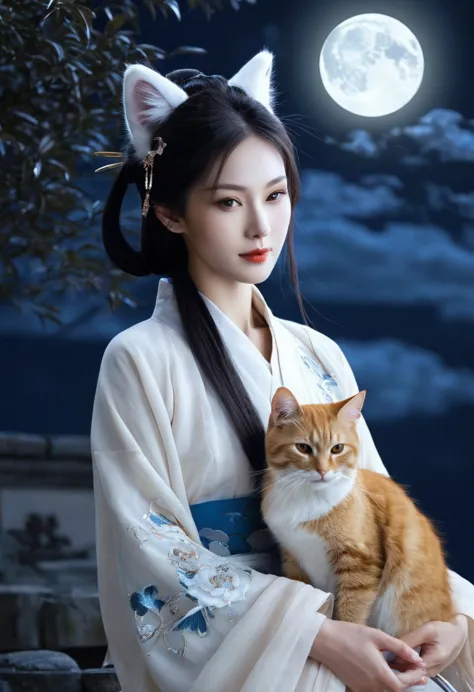 apparition,girl, cat ear, beautiful oriental woman, moonlit night background , realistic women, lovely,japanese