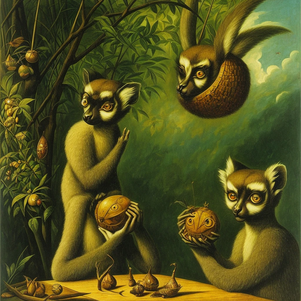 A strange lemur with a large head and huge green eyes: his body is small compared to his head, in his hands he is holding insects. In the Remedios Varo pictorial style. 