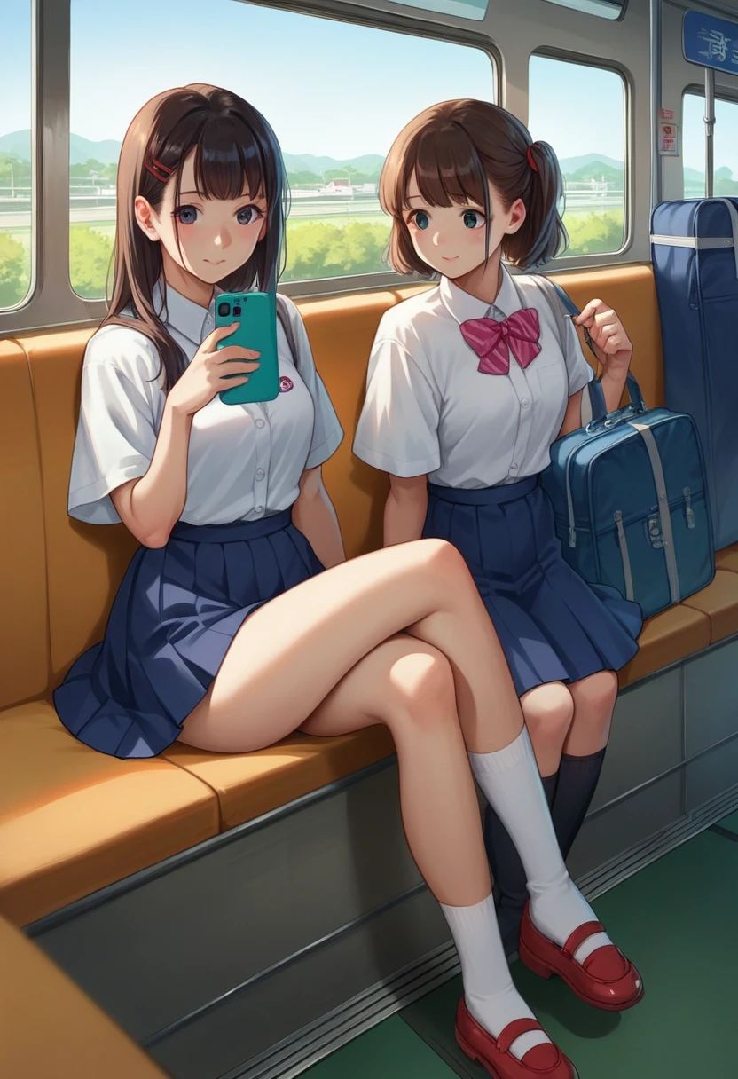 score_9, score_8_up, score_7_up, score_6_up, score_5_up, score_4_up, (source_anime), two girls sitting on a train with their luggage and looking at their cell phones, a hyperrealistic , two japanese schoolgirls posing, hyperrealistic , japanese , sitting in tokyo, wearing japanese , cute , tokyo fashion, crossed legs, girls resting, portrait of a japanese teen, wearing skirt and high socks((NSFW))((open leg:1.5))