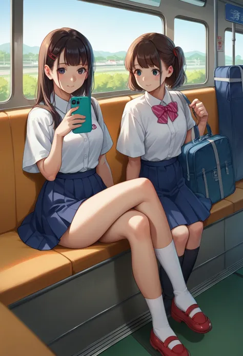 score_9, score_8_up, score_7_up, score_6_up, score_5_up, score_4_up, (source_anime), two girls sitting on a train with their lug...