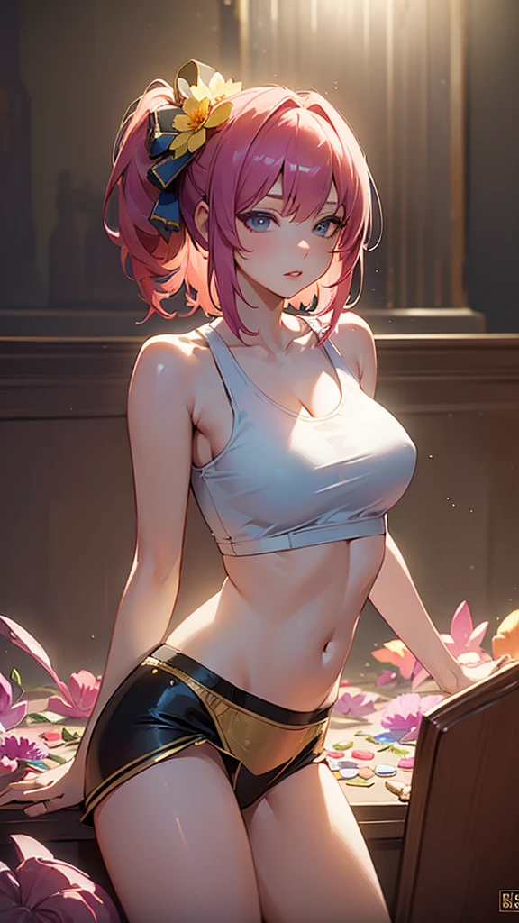 masterpiece, Highest quality,One girl,Gosgarh,Tank top 8k,High resolution, ( flower_Styler:1.2)(Rainbow Candy:1.2),(Excellent rendering, Stand out in the same class), (Amazing details, Excellent lighting, Wide-angle), Big Breasts, zettairyoiki, Detailed Background、