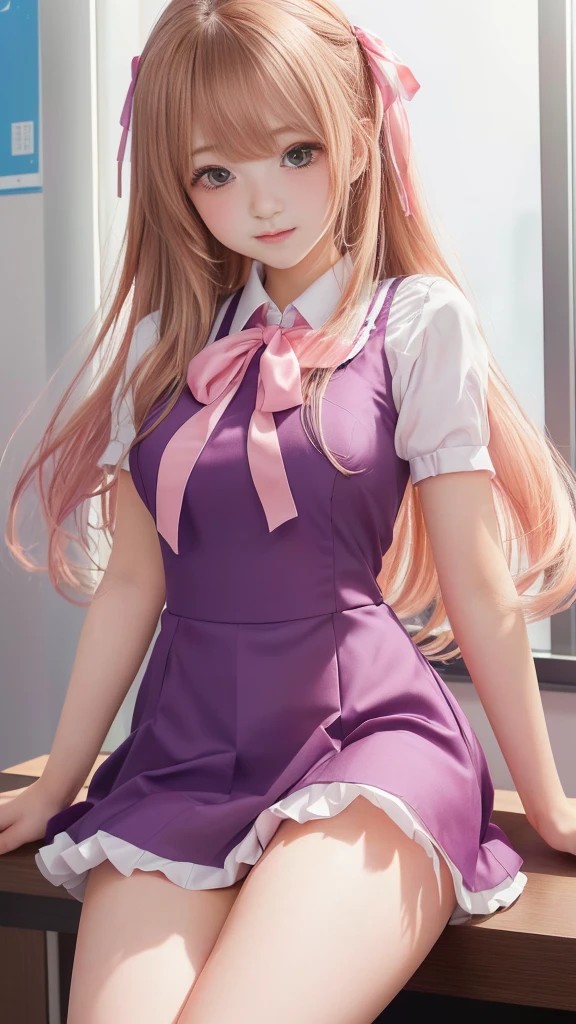 女の子 in a purple dress sitting on a desk, Ruffled mini skirt, Uniform, Slender body line, 女の子 with long hair, Cute girl visuals, Beautiful school girl, Brown Hair, Anime Moe Art Style, Young girl, (beautiful girl, , Baby Face), Cute girl in a nice dress, ribbon, Haruno sakura, Beautiful breasts, (Slim and attractive thighs:1.2), Beautiful breasts, Small beautiful butt, (Curved waist), (Detailed eyes and face:1.3, Professional photography techniques), (Highest quality, 8K, masterpiece:1.2, RAW Photos), Look down at the viewer, (blush:1.2)